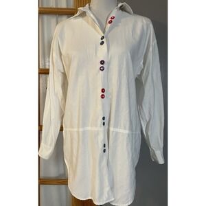 80s Caliche Tunic Shirt Womens Sz L White Multicolored Buttons USA Made Classic